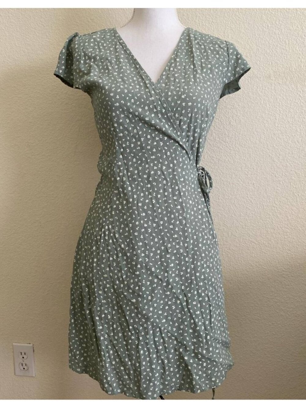 Brandy Melville Robbie Floral Wrap Mini Dress in Olive Green